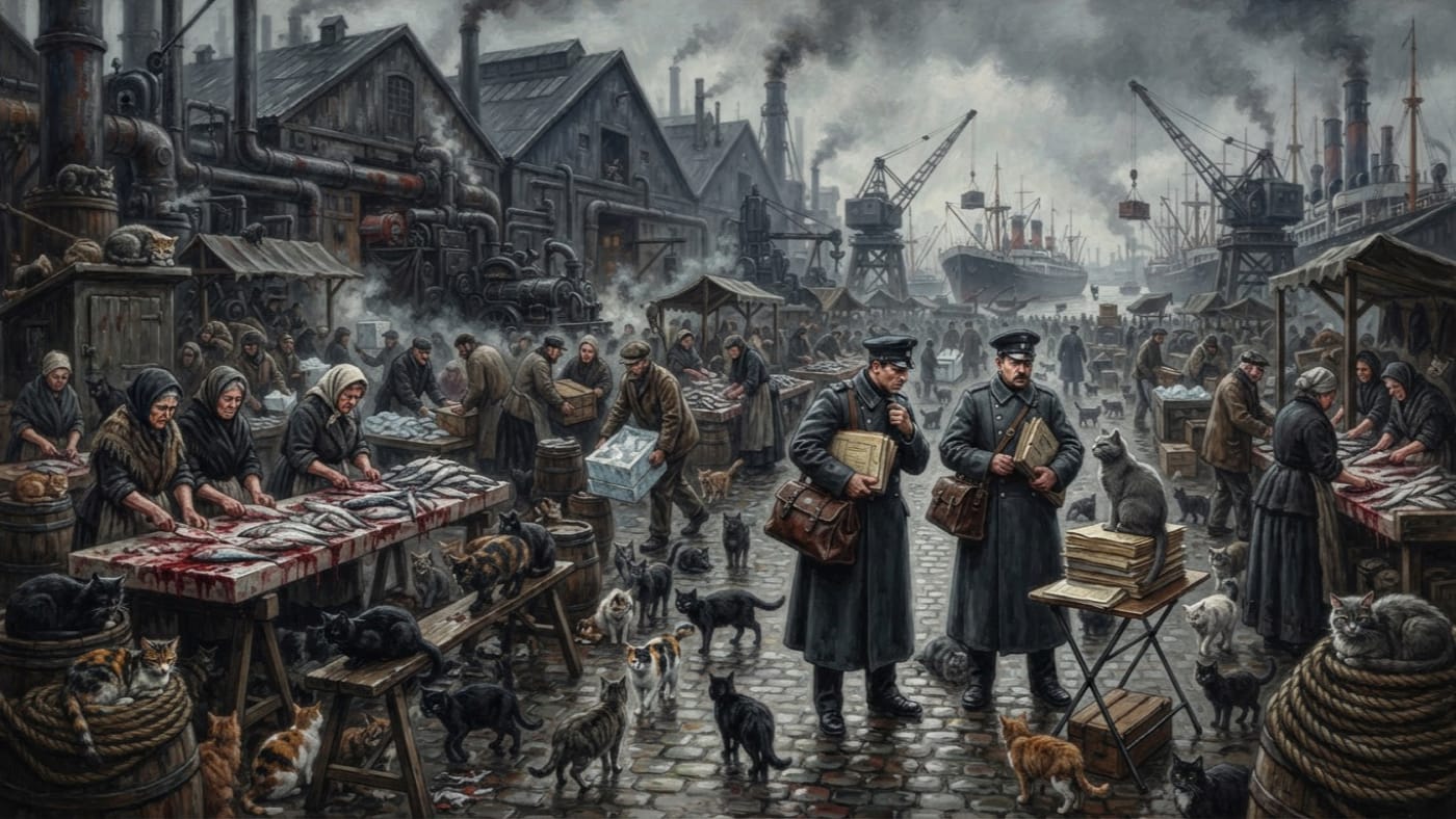 Fishmarket cats — Fishmarket cats, rendered as oil-painting.