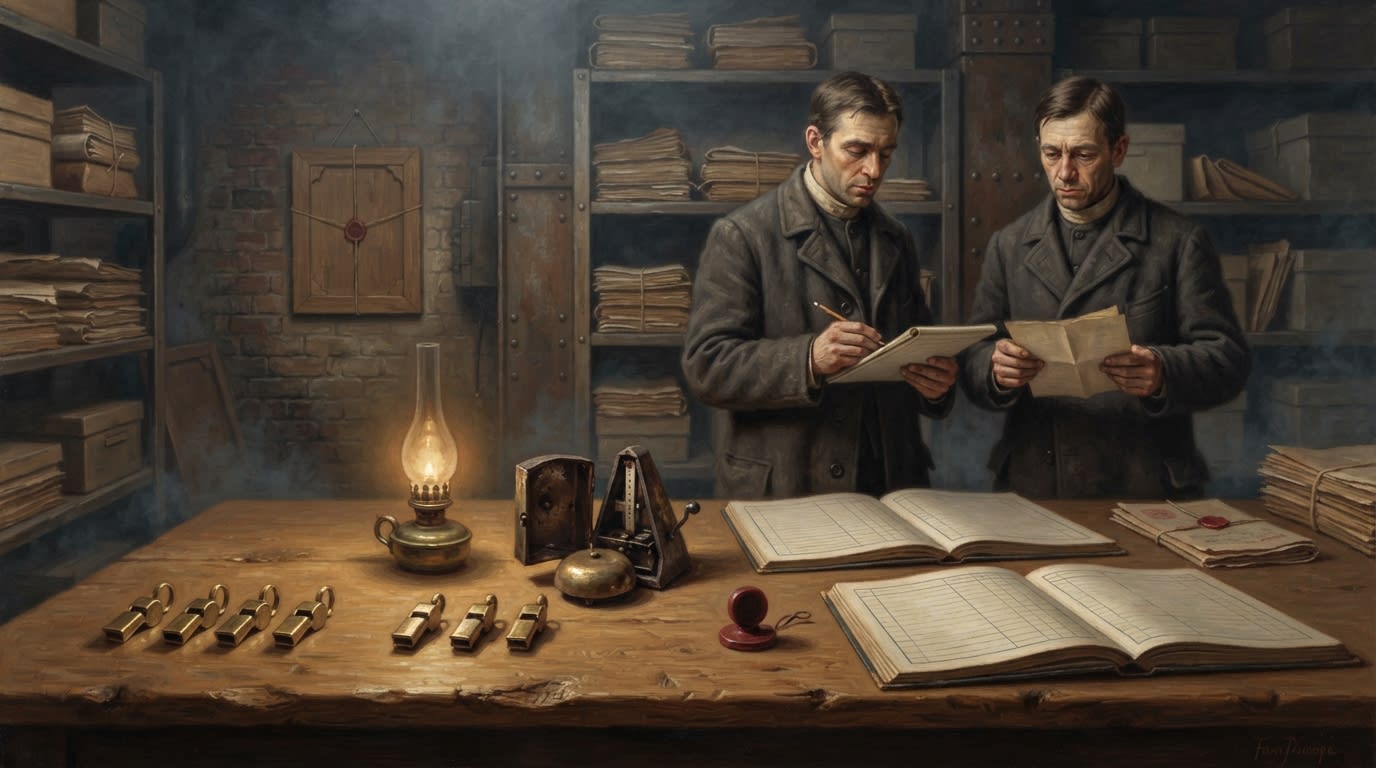 Oil painting of two archive clerks inspecting seven brass whistles, an altered metronome bell and two open shot-ledgers; a sealed wooden icon panel faces the wall.