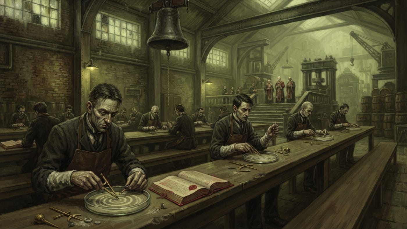 Grading Hall of Settled Light — Grading Hall of Settled Light, rendered as oil-painting.