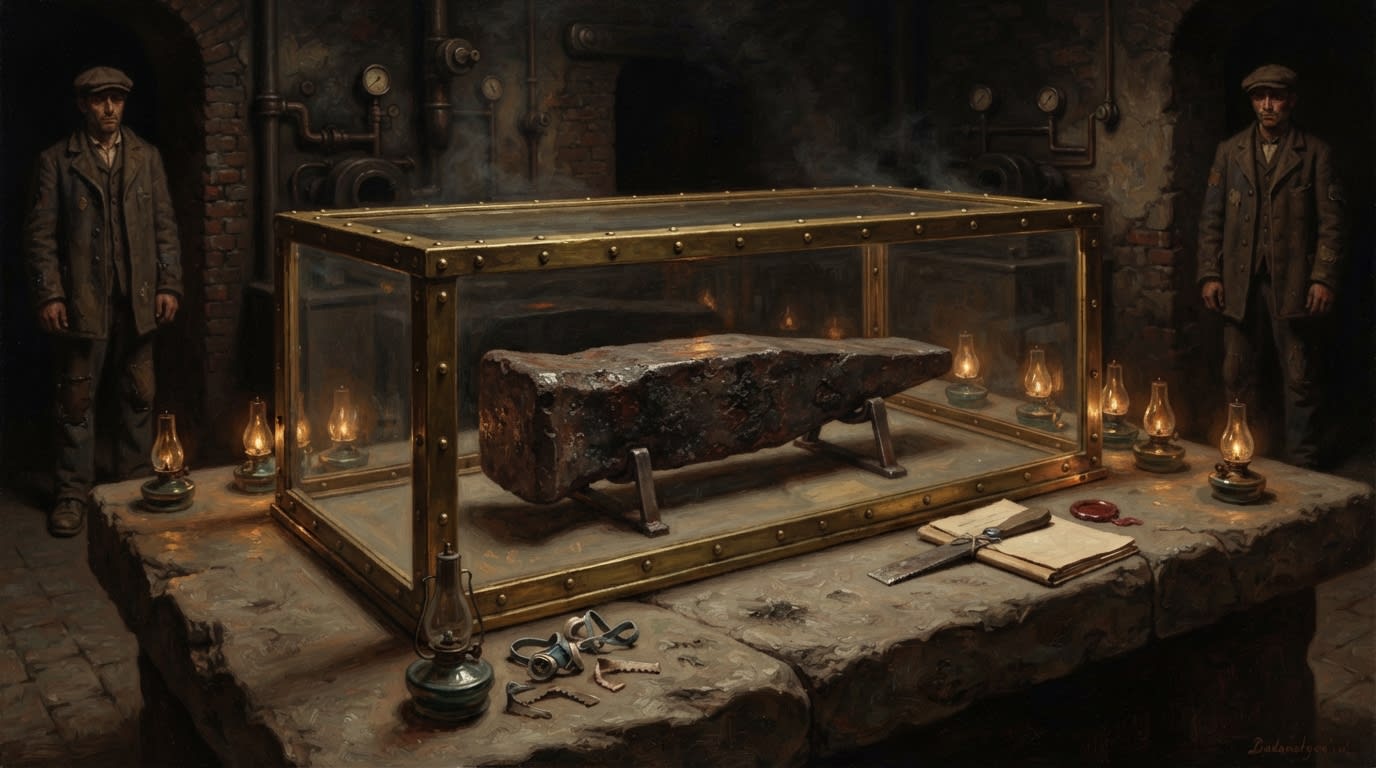 Oil painting of a corroded, flat-sided iron sealing wedge on metal supports inside a riveted glass case, surrounded by oil lamps in an industrial chapel.