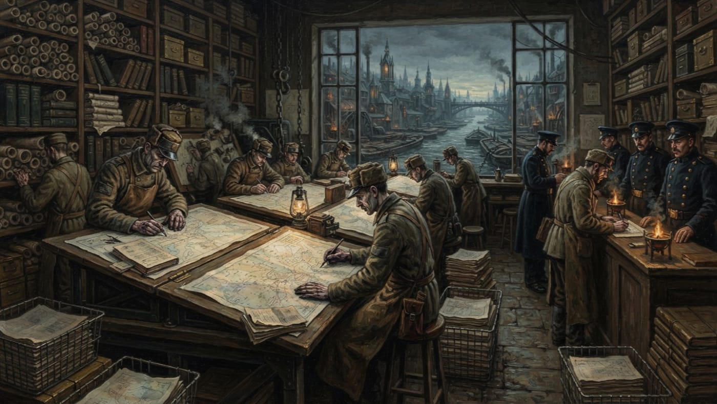 Knot-Scribes of the Parish Map — Knot-Scribes of the Parish Map, rendered as oil-painting.