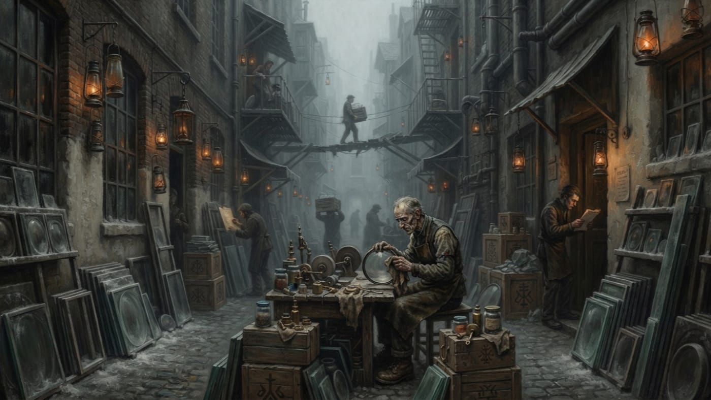 Lampglass Row — Lampglass Row, rendered as oil-painting.