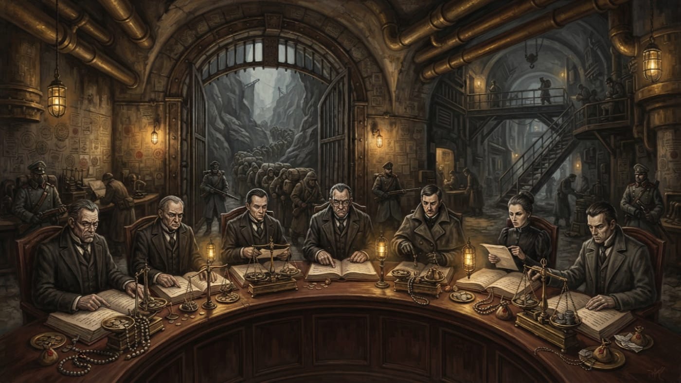 Licensed Broker Compact Council of Peregrine Row — Licensed Broker Compact Council of Peregrine Row, rendered as oil-painting.