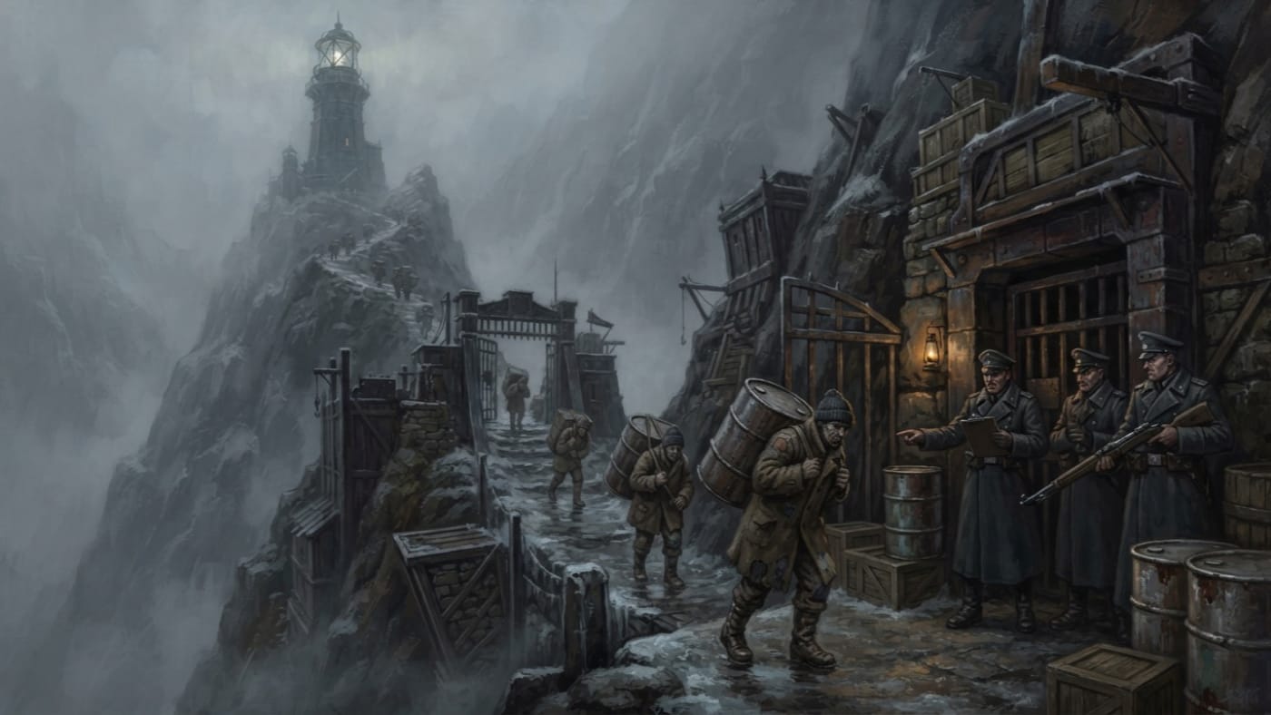 Two porters carry heavy wooden barrels past a clerk and armed provosts at a cliffside gate, with a beacon visible through the mountain fog.