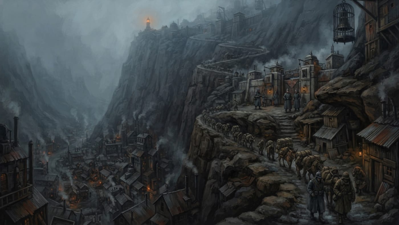 A fogbound valley town below a mountain switchback, where porters and laden mules climb past a guarded gate toward a distant beacon.
