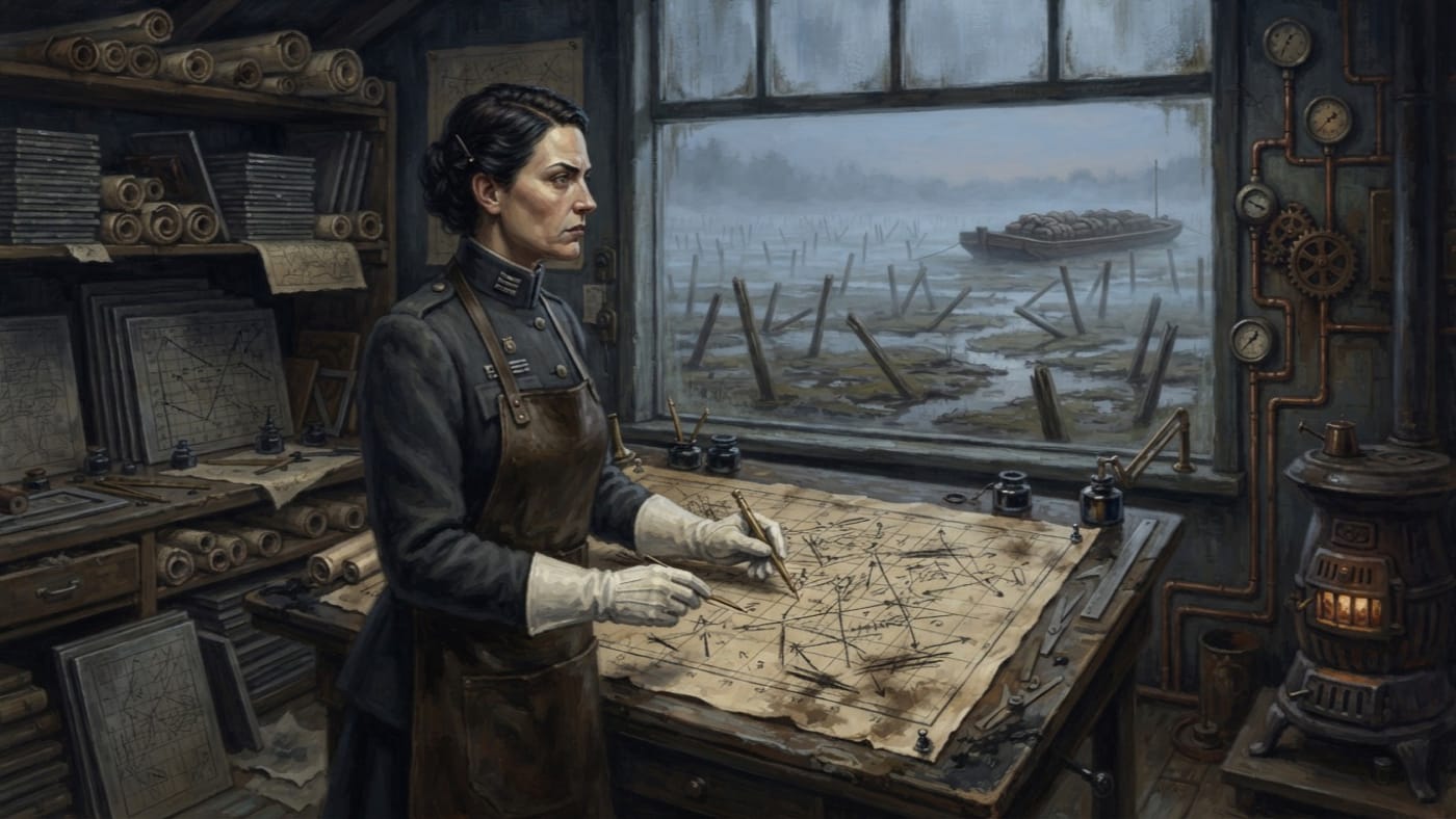 Cartographer-Provost Lysa Vane — Cartographer-Provost Lysa Vane, rendered as oil-painting.