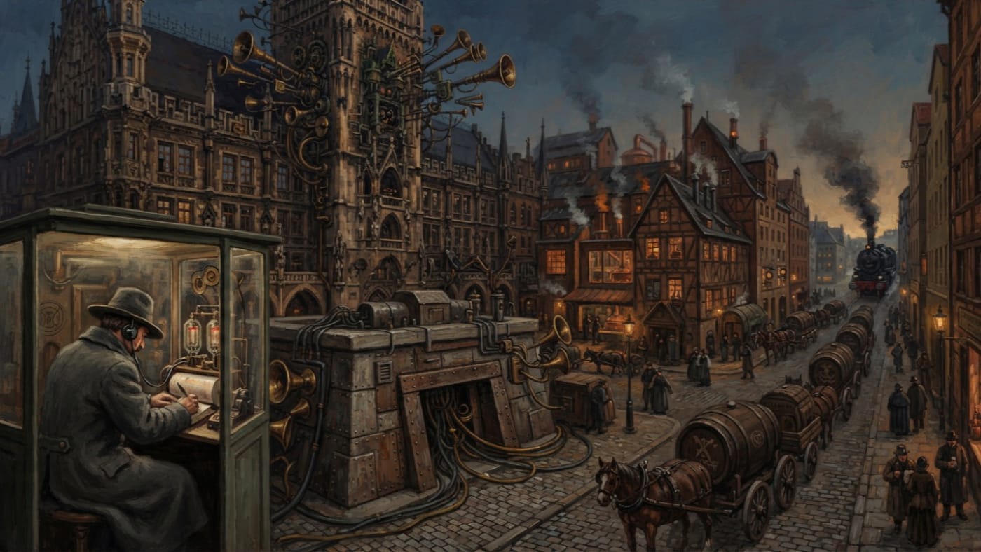 Marienplatz Post — Marienplatz Post, rendered as oil-painting.