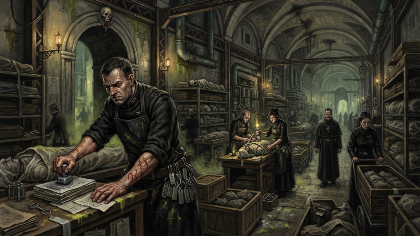 Mercy Stamp clerks — Mercy Stamp clerks, rendered as oil-painting.