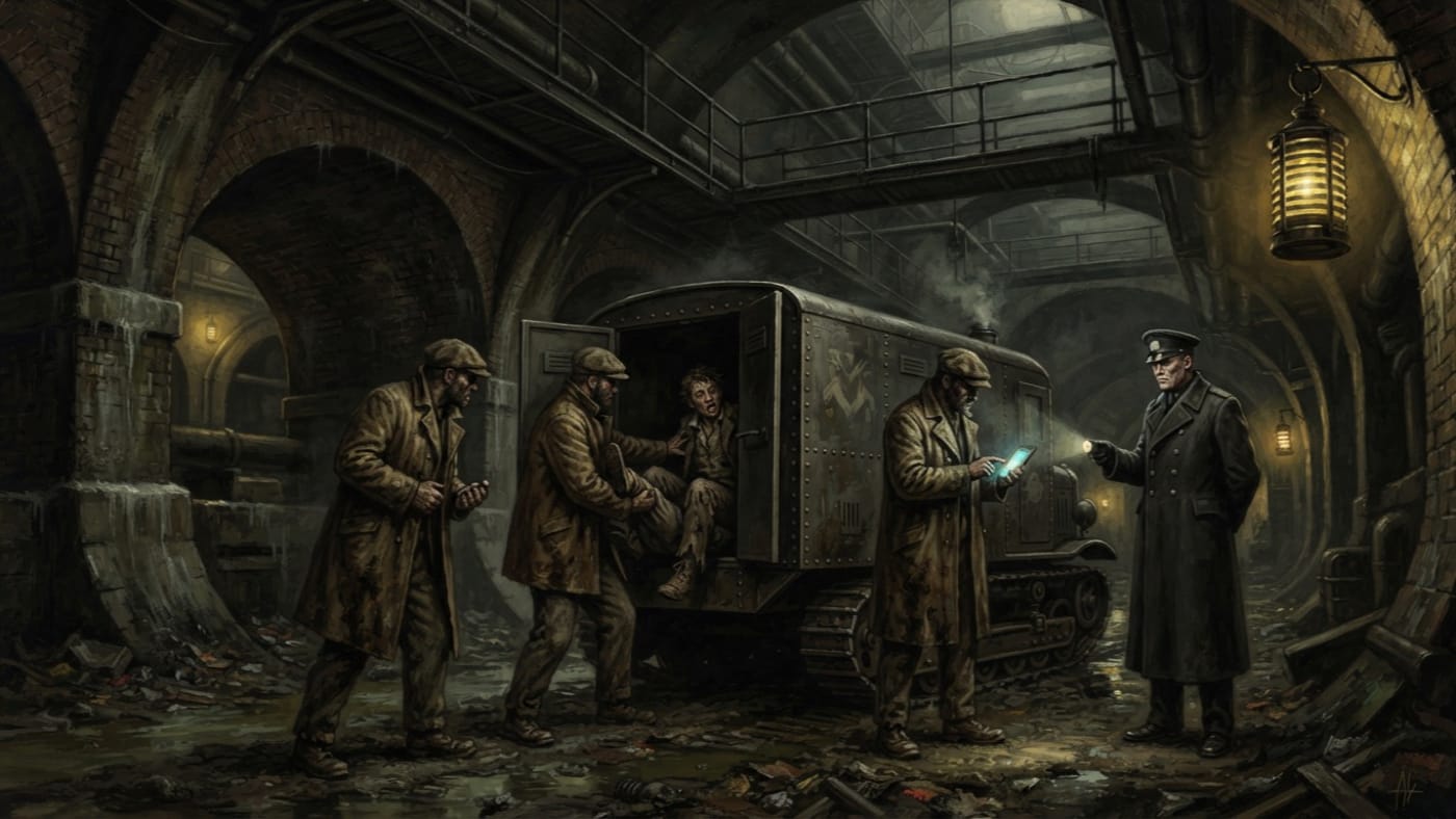Night Sweepers — Night Sweepers, rendered as oil-painting.