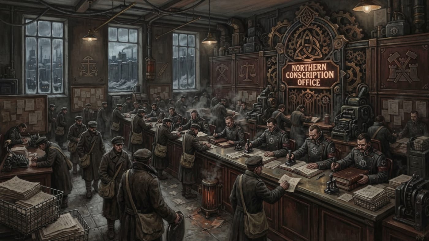 Northern Conscription Office — Northern Conscription Office, rendered as oil-painting.