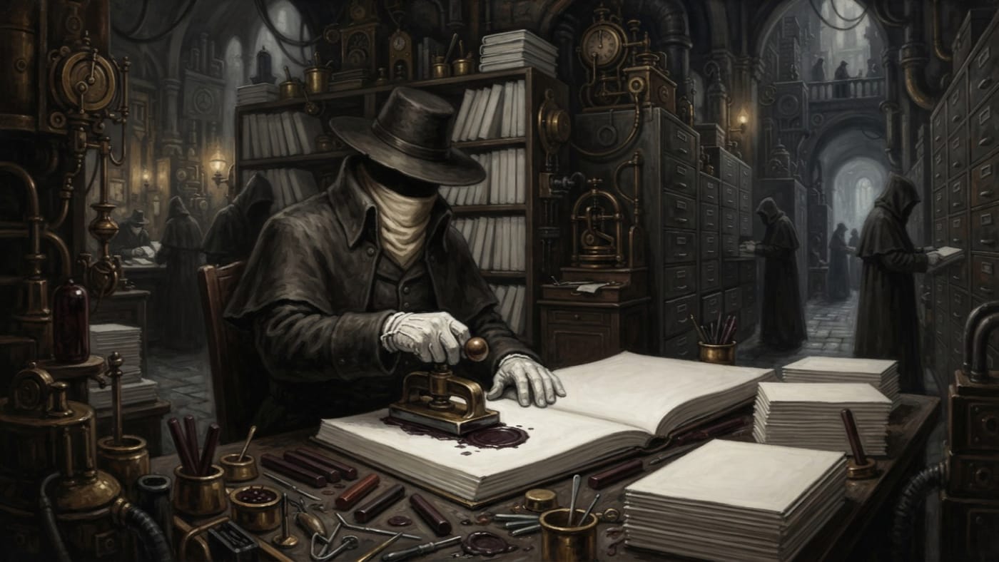 Omission Notaries — Omission Notaries, rendered as oil-painting.