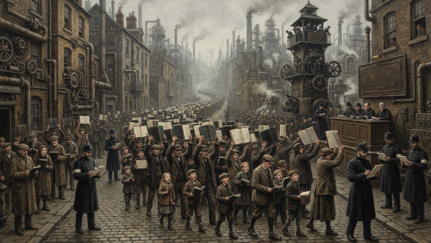 Procession of Receipts — Procession of Receipts, rendered as oil-painting.
