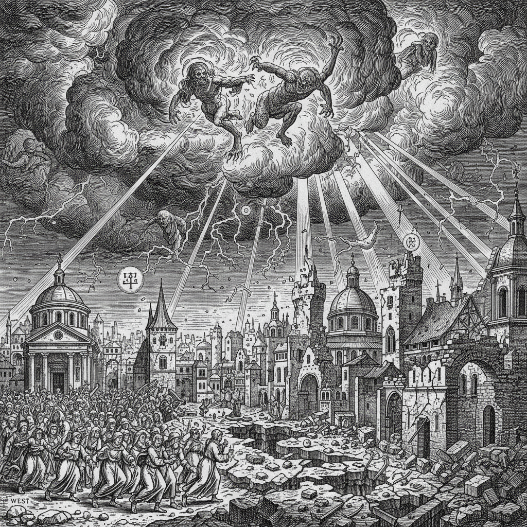 A woodcut engraving depicting a European city consumed by a supernatural cataclysm, dark storm clouds rolling over classical buildings as citizens flee westward.
