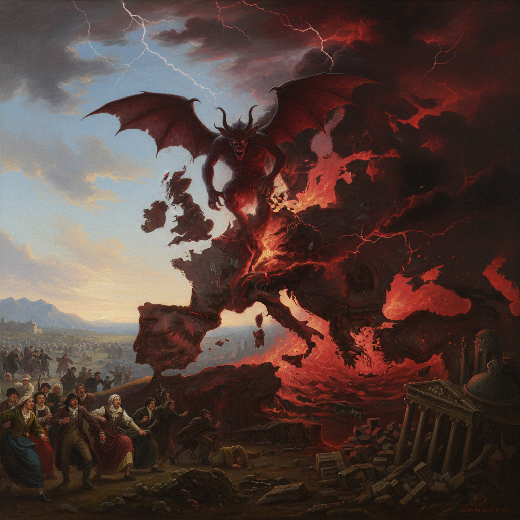 A dramatic oil painting of the Balkans tearing apart as hellfire erupts from the earth, with demonic forms emerging amid crimson lightning and fleeing refugees.