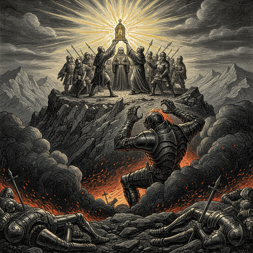 A woodcut engraving of priests and soldiers holding aloft a blazing reliquary on a hilltop as a towering demon of wrath recoils from the divine light.