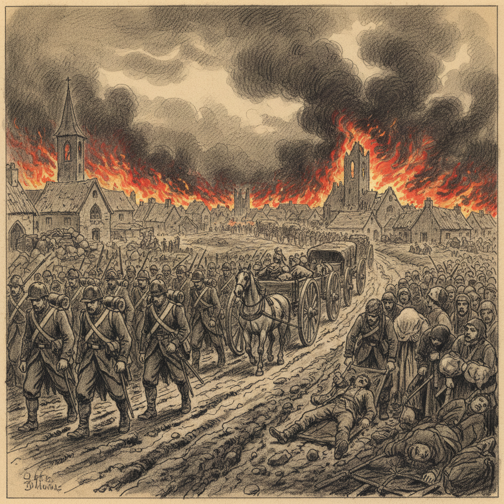A charcoal sketch of long columns of soldiers and refugees retreating westward along muddy roads past burning villages, with supernatural darkness on the eastern horizon.