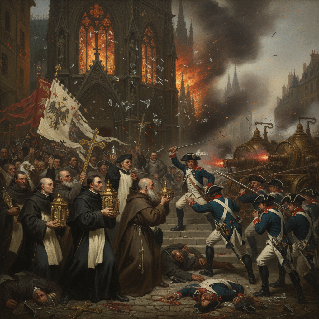 Oil painting of a chaotic battle scene in an 18th century European city, priests defending a cathedral against secular soldiers with clockwork artillery.