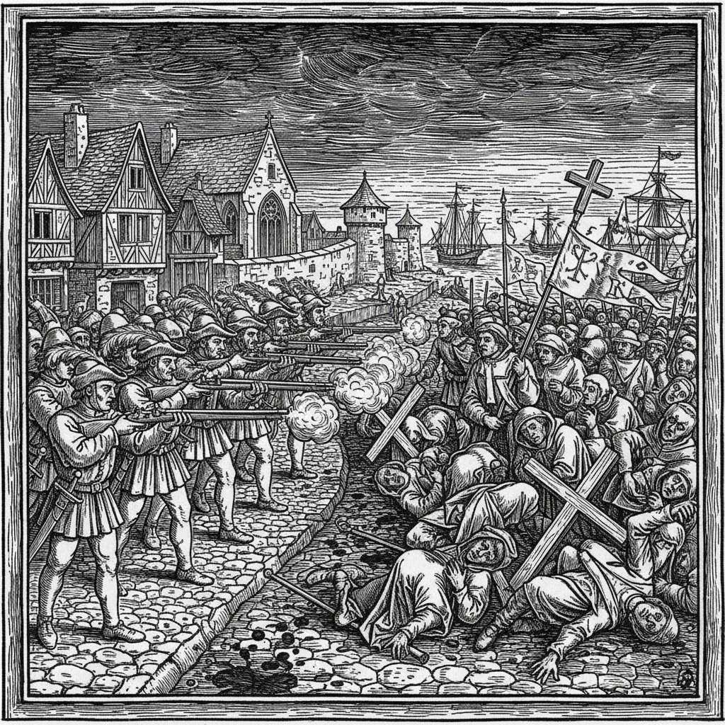 A woodcut engraving depicting Republican guards firing on a pilgrim procession in a French port town, bodies falling on cobblestones.