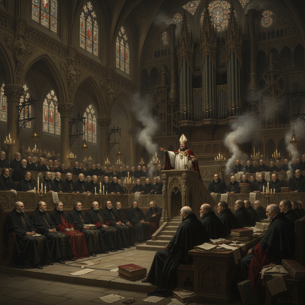Oil painting of a vast theocratic assembly hall in a Gothic-industrial cathedral, with rows of robed clergy in black and crimson, an enormous pipe organ, and documents piled on every surface.