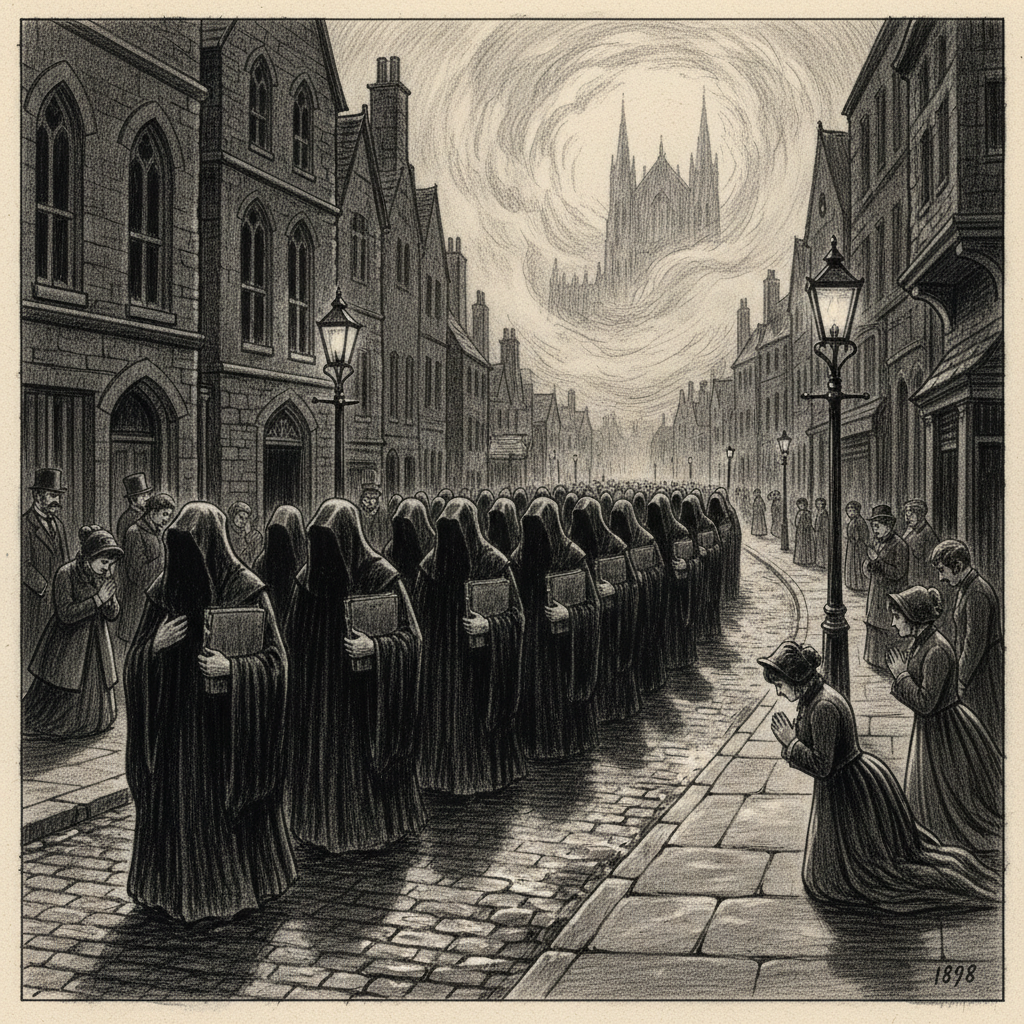 Charcoal drawing of a long procession of black-robed bureaucratic clerks carrying ledgers through a narrow Gothic industrial street, with citizens kneeling as they pass.