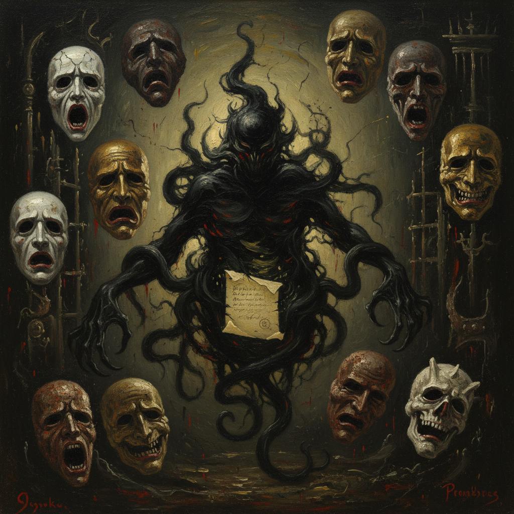 Dark oil painting of a formless shadow-entity with dozens of floating masks of porcelain, iron, gold, and bone, surrounded by tendrils of darkness and a glowing contract.