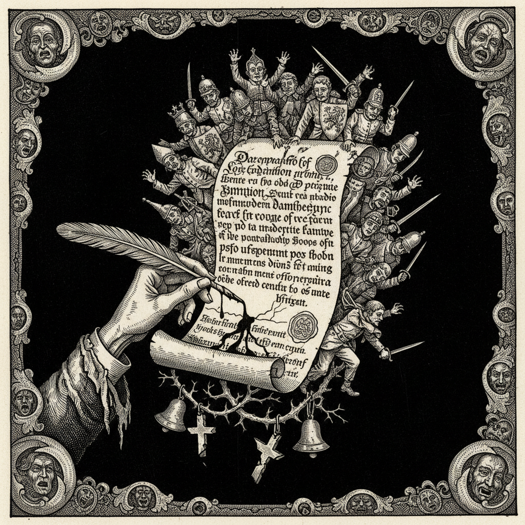 Woodcut of a sinister parchment contract floating in darkness, held by a skeletal hand with a blood-dripping quill, surrounded by desperate reaching figures.