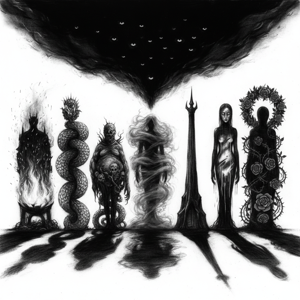 Charcoal drawing of seven towering distinct silhouettes standing in a semicircle beneath a vast formless darkness with many eyes.