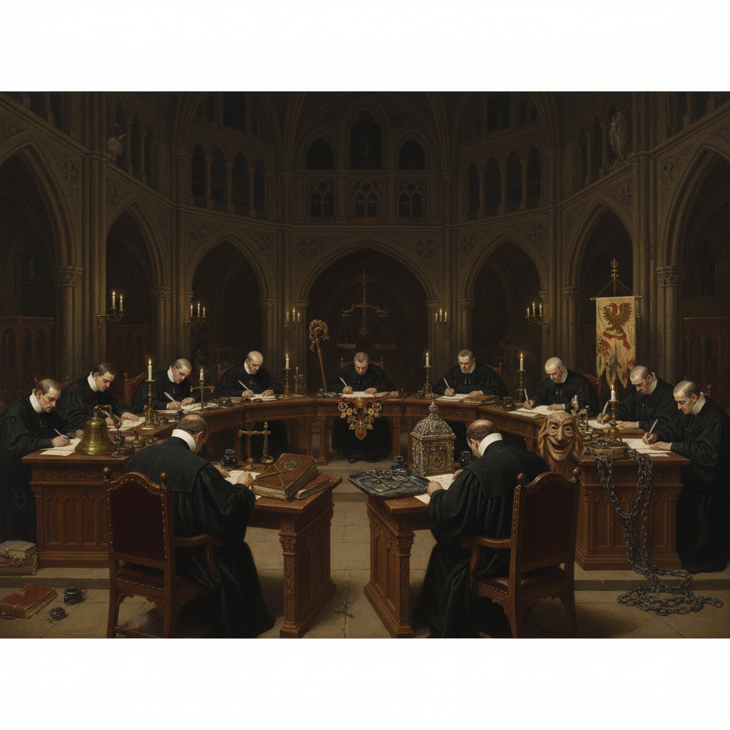 Oil painting of a vast gothic hall with twelve ornate desks arranged in a semicircle, each bearing symbolic instruments. Robed clerics in black cassocks labor under candlelight and gas lamps.