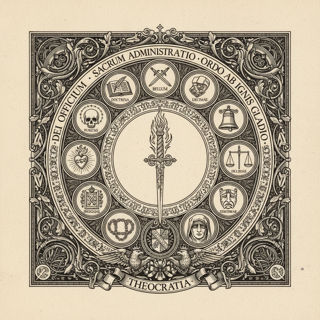 An engraved circular seal featuring twelve smaller emblems arranged around a central flaming sword, each representing a different Bureau of the Synod.