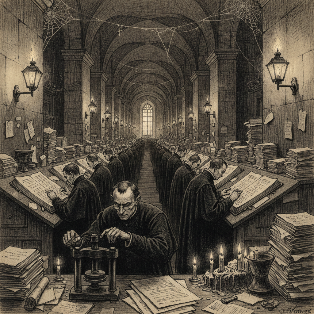 Charcoal sketch of a long stone corridor with rows of clerks in black cassocks laboring over enormous ledgers at writing desks, stretching into infinite perspective.