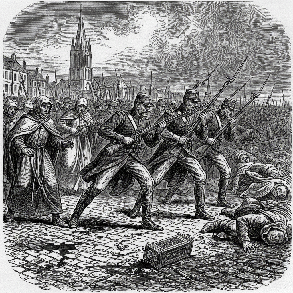 A woodcut engraving of the Massacre at Saint-Malo — Republican Guards in greatcoats and peaked caps charging into a procession of unarmed pilgrims on cobblestones, a shattered reliquary on the ground, cathedral spires behind.