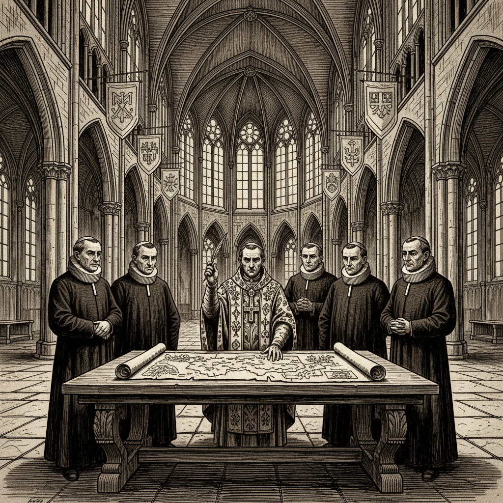 A woodcut of bishops and cardinals gathered around a vast parchment in the nave of Strasbourg Cathedral, quill pens raised, banners of France, Iberia, and the Rhineland suspended from the vaulted ceiling.