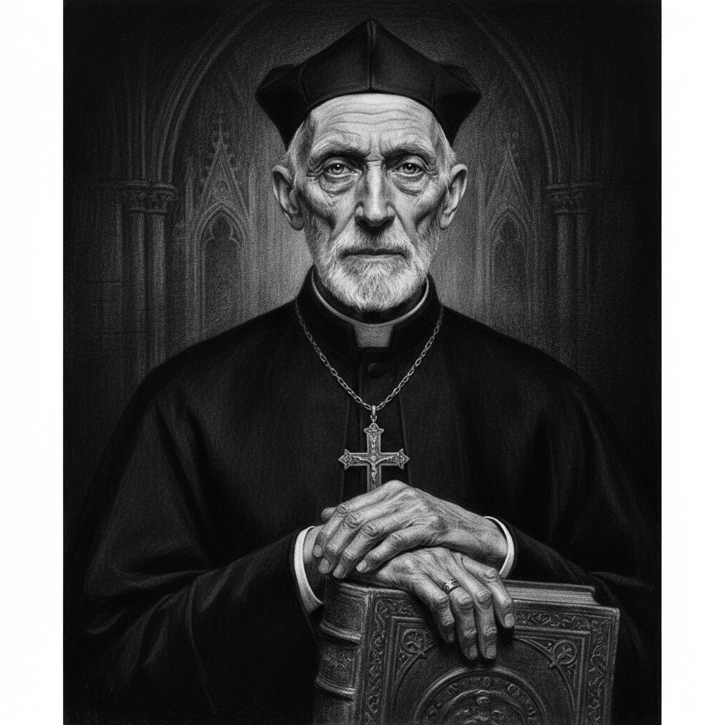 Charcoal portrait study of Hierarch Augustinus of Mainz in old age, wearing a high banded clerical collar, black cassock with pectoral cross, and peaked biretta, hands folded over a heavy leather-bound codex.
