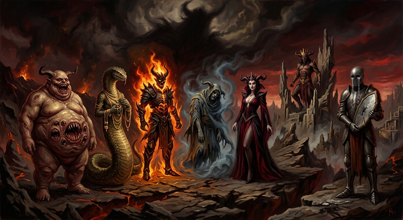 Dark oil painting of seven towering demonic figures standing in a semicircle on a blasted hellscape, each embodying a different deadly sin, with a vast formless darkness looming above them.