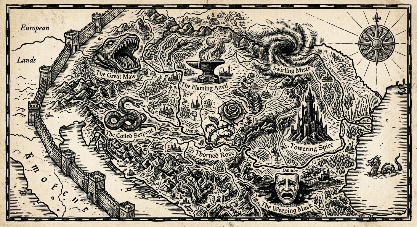 Black and white woodcut engraving depicting a map of seven demonic domains across Eastern Europe, each marked by a sin-symbol, with a fortification line along the western edge.