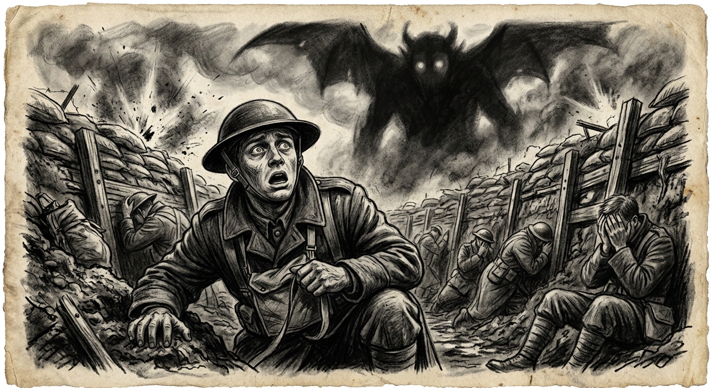 Charcoal sketch of a terrified soldier in a WWI-era greatcoat crouching in a trench, looking up at a colossal demonic silhouette filling the smoke-choked sky above.