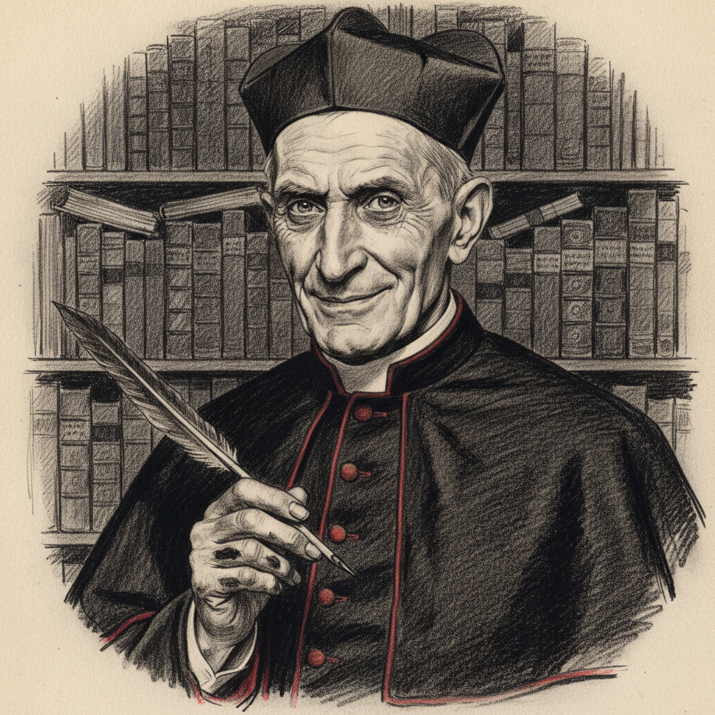 Charcoal portrait of Cardinal Hieronymus Kratz in late-Victorian clerical vestments, quill in hand, ink-stained fingers, shelves of sealed ledgers behind him.