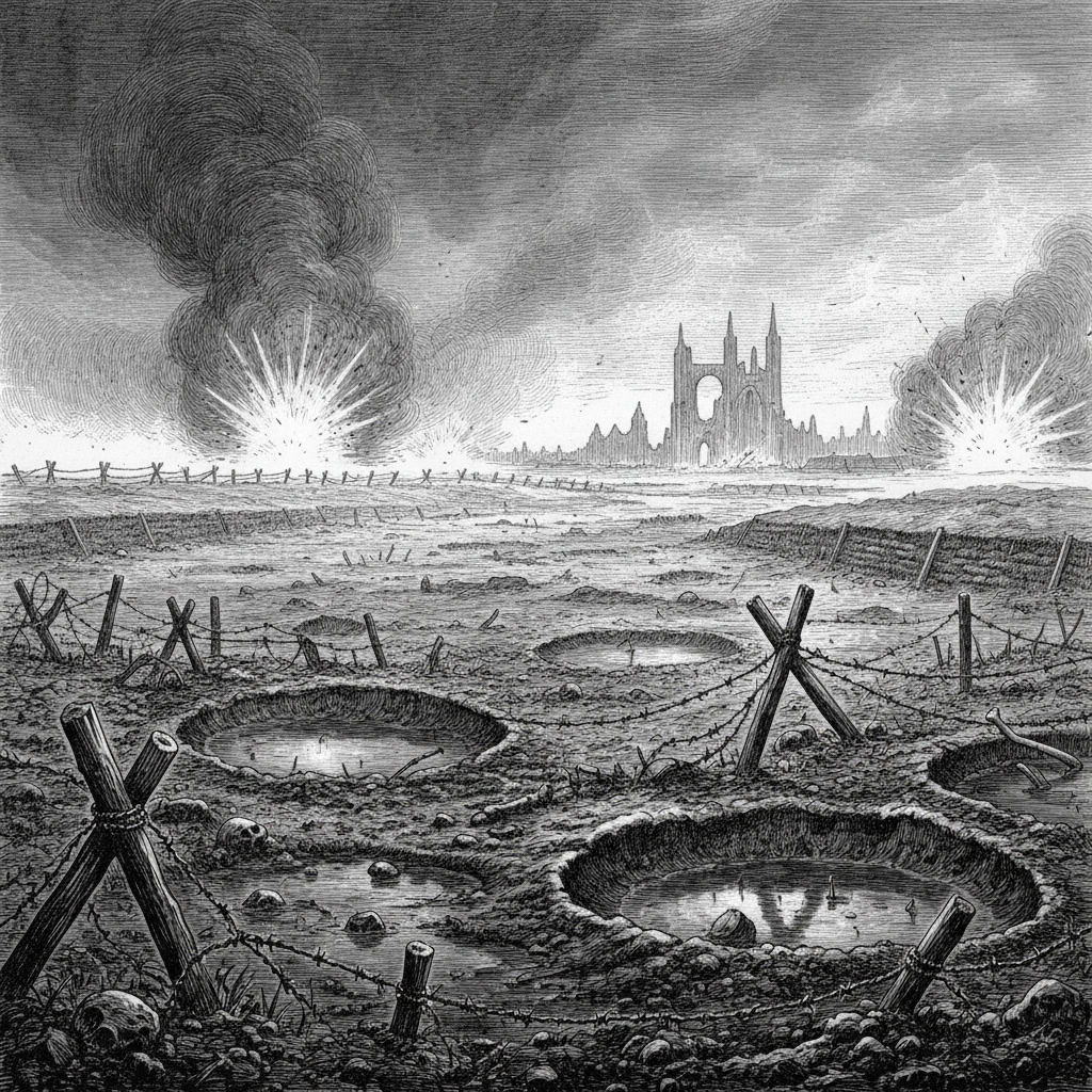 A woodcut panorama of No Man's Land stretching to a smoke-choked horizon, barbed wire and shattered stakes rising from churned mud, shell craters brimming with dark water, distant trench silhouettes lit by artillery flashes.