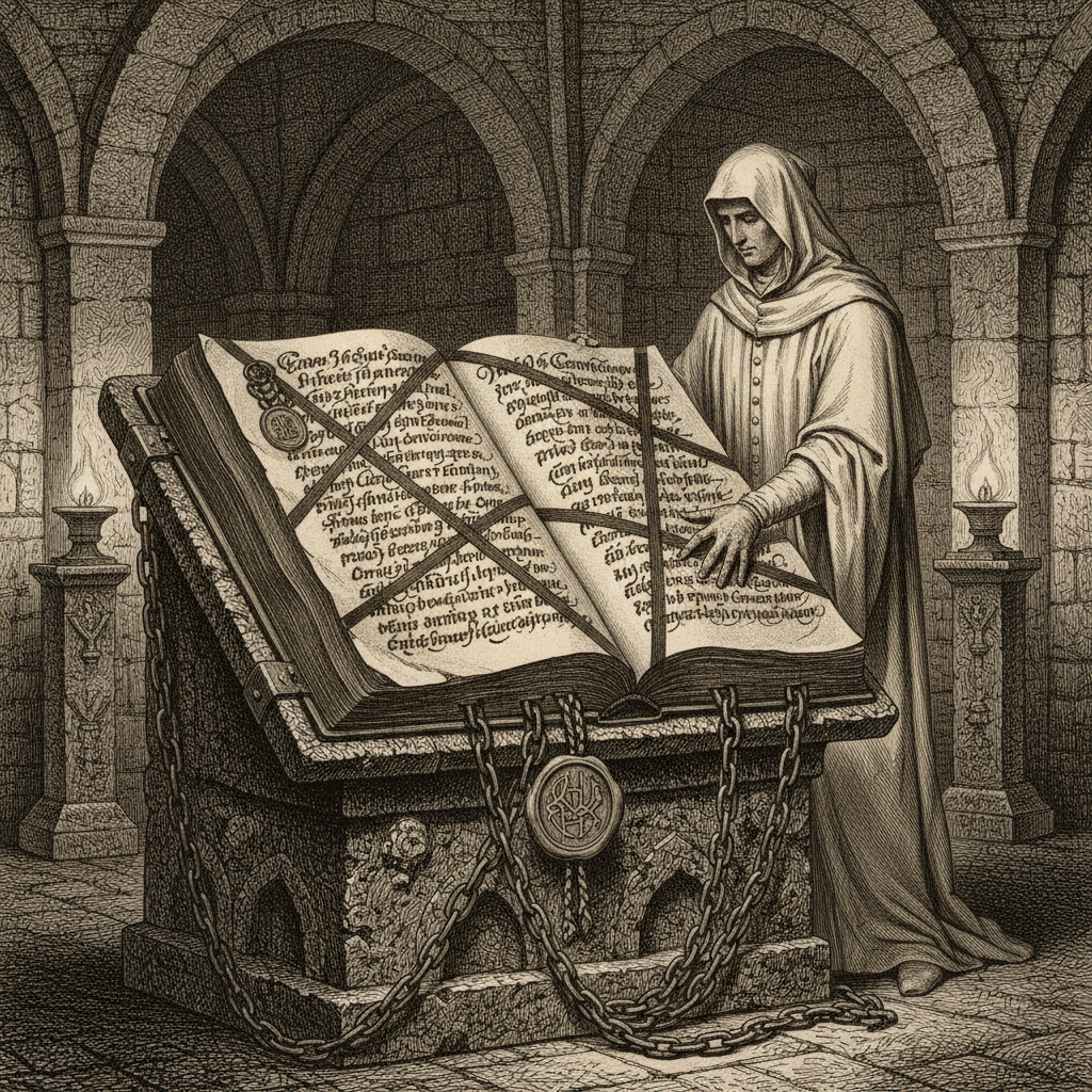 A steel engraving of a massive chained book open on a stone lectern in a vaulted archive, names struck through in black ink, a white-robed inquisitor standing behind it.