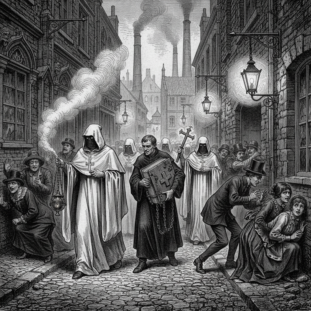 Steel engraving of white-cloaked inquisitors processing through a fog-choked Victorian street, the lead figure swinging a brass censer, a clerk behind bearing the chained Index Damnatus.
