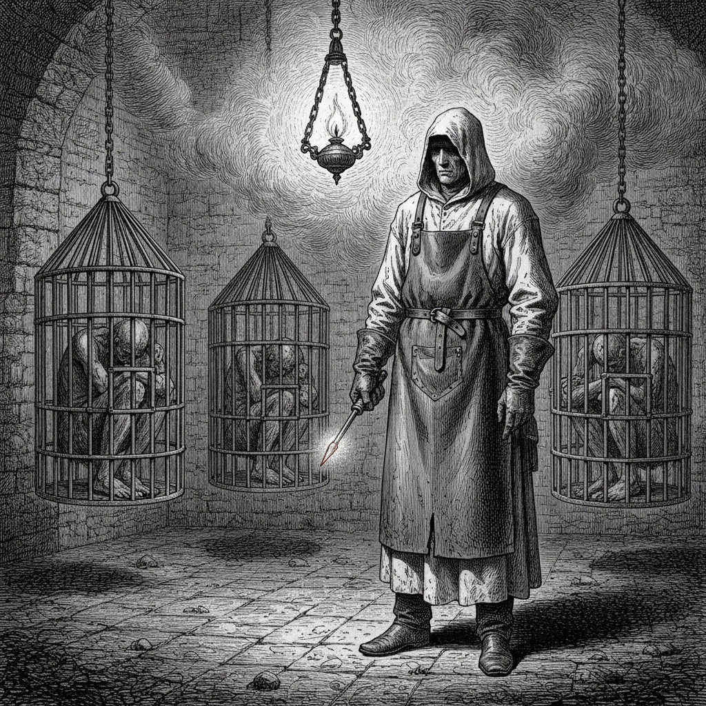 Steel engraving of a Lictor in bone-white cassock and leather apron standing in a vaulted interrogation chamber, branding stylus glowing cherry-red, iron cages suspended from the ceiling behind.