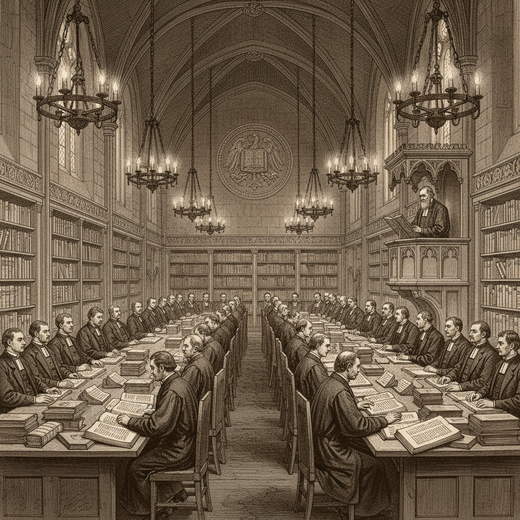 A steel engraving of the Cloister of Concord interior, robed exegetes at long desks beneath vaulted ceilings, candelabra light falling across stacked folios.