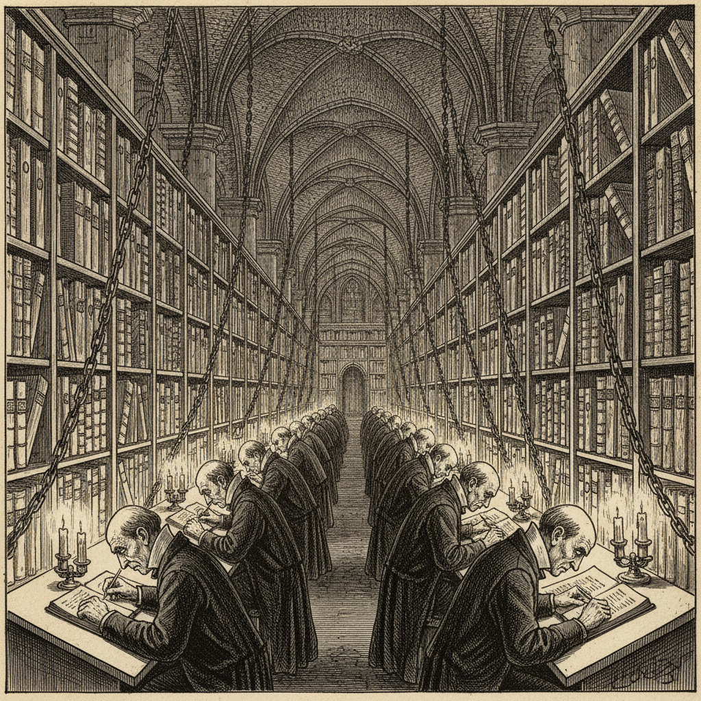 Steel engraving of the subterranean vaults of the Bureau of Records, with robed clerks working at tall desks among towering iron shelves of chained ledgers.