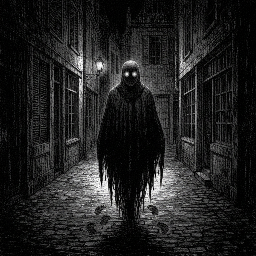 Steel engraving of a faceless cloaked figure standing in a gaslit cobblestone alley, glass orbs gleaming where eyes should be, ash footprints trailing behind.