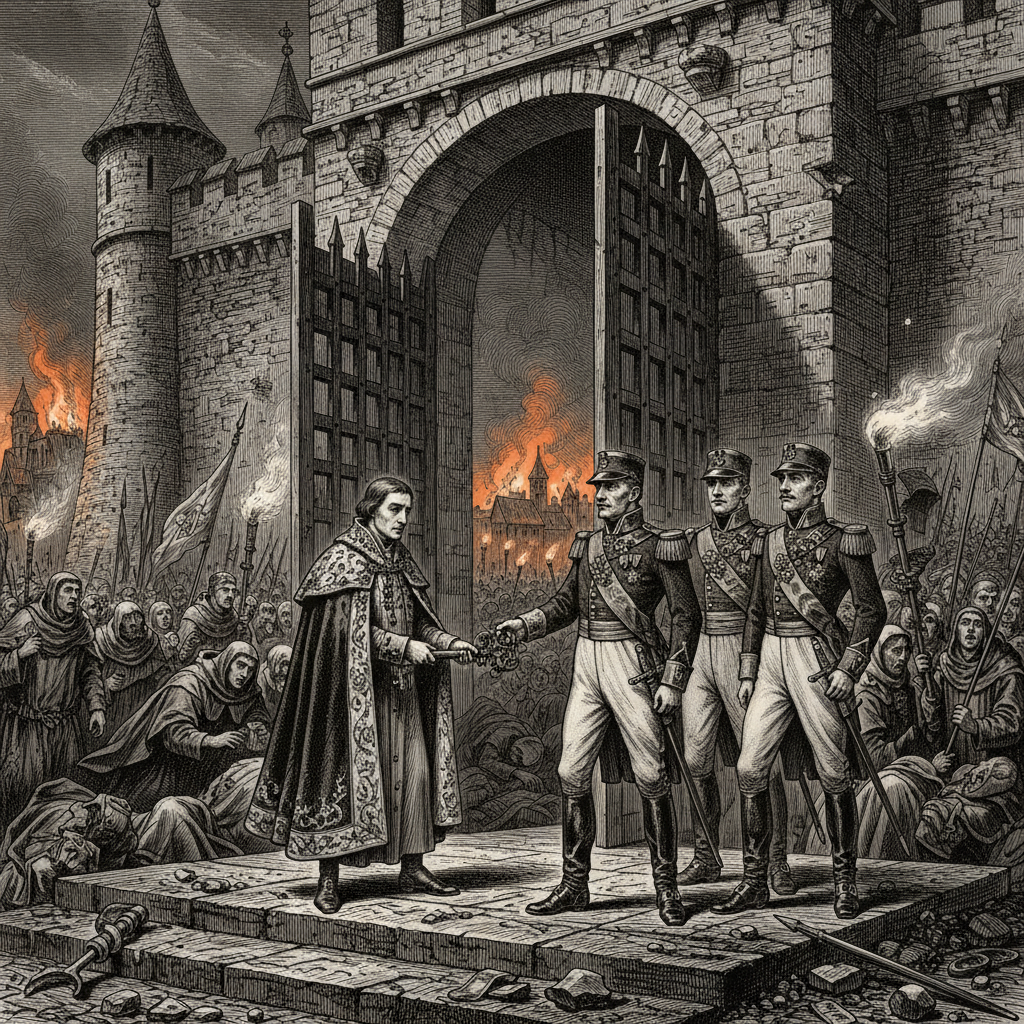 A steel engraving of the Betrayal of Aachen showing the citadel gates thrown open, a cloaked nobleman surrendering a great iron key to Rationalist officers in frock coats, clergy fleeing into shadow beyond.