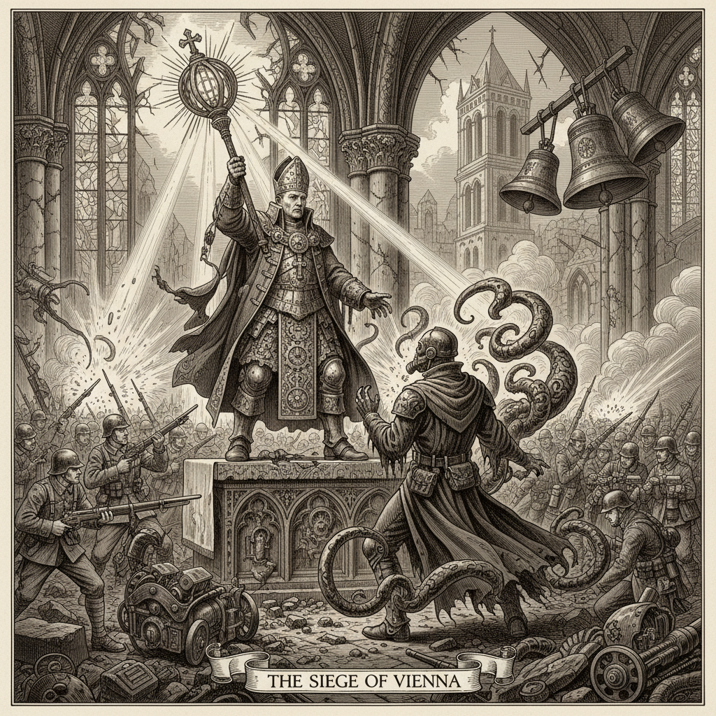 A steel engraving of the climactic moment inside a shattered cathedral, a bishop-warden raising a glowing reliquary mace above a recoiling sorcerous figure, soldiers fighting in the rubble beyond.