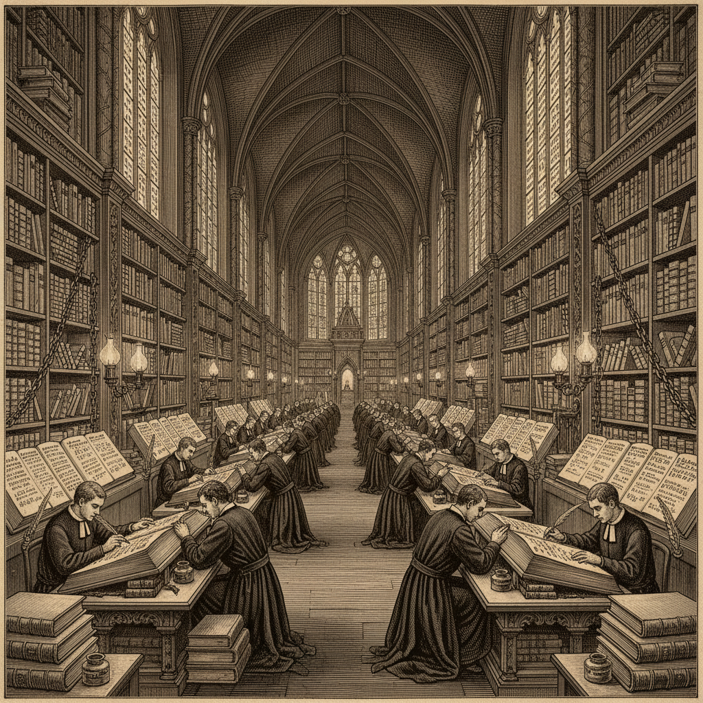 Steel engraving of the Basilica interior, a vast nave lined floor to vault with chained ledgers, clerks hunched at lectern-desks beneath stained glass windows showing columns of numbers.
