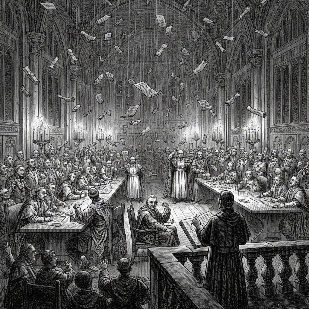 A steel engraving of a vast candlelit assembly hall at night, sealed parchment scrolls raining down upon seated bishops and officials in late-Victorian clerical garb, a cardinal figure silhouetted on a balcony above.