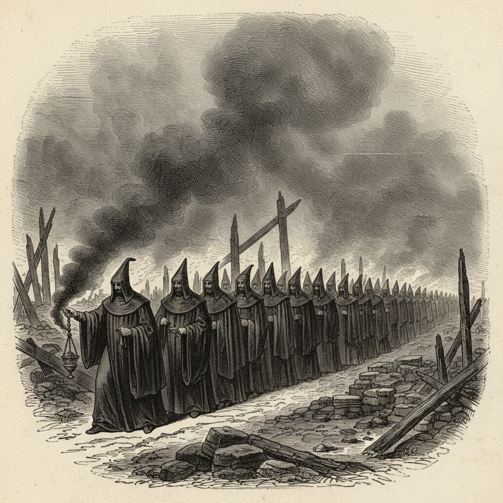 Steel engraving of dark-robed Inquisitors in peaked hoods processing through the smoking ruins of a burned village, censer trailing ash, charred beams and glassed foundations behind them.