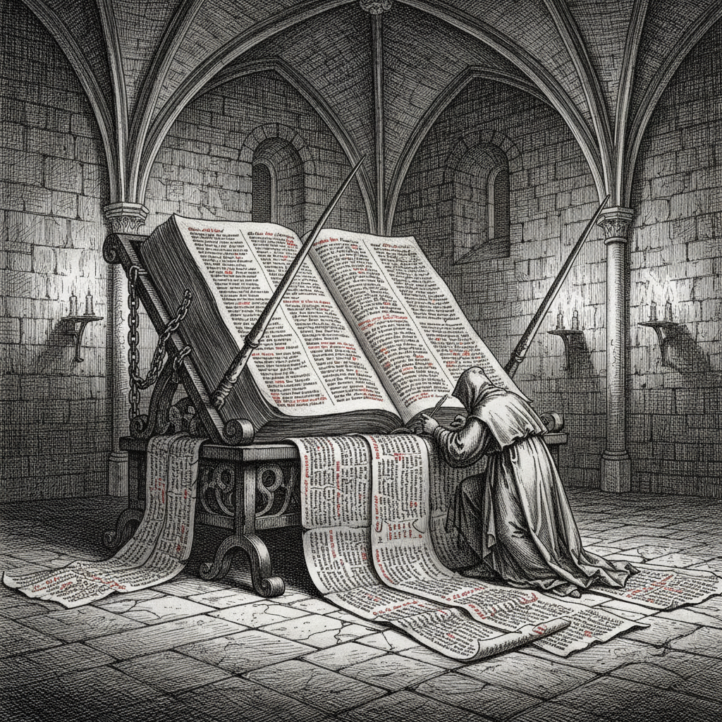 Steel engraving of a massive open ledger on an iron lectern in a vaulted stone chamber, a hooded scribe dwarfed by cascading pages of names.